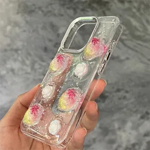 Glitter iPhone case with 3D gradient strawberry and white rose resin flower decorations