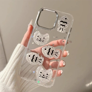 Clear iPhone case with cute polka dot fish patterns and sparkling star sequins