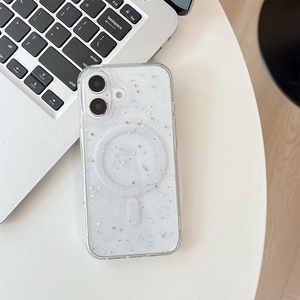 Detail of iPhone glitter case with MagSafe magnet and star sequins on a silver laptop