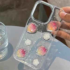 Transparent iPhone case with 3D glitter strawberry and rose flowers decoration