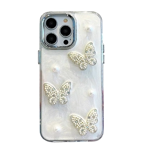 3D pearl butterfly iPhone case with glitter finish and protective camera ring for women