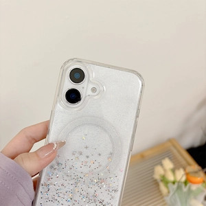 Detail of clear iPhone case with silver glitter, star sequins and MagSafe ring