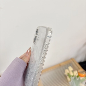 Detail view of transparent glitter magnetic phone case for iPhone 16 Pro Max