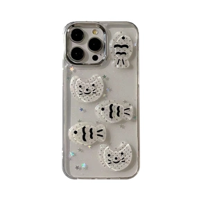 Transparent iPhone case featuring 3D fish and moon decor with silver glitter stars