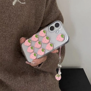 Pink 3D strawberry clear iPhone case with matching beaded strawberry hand strap