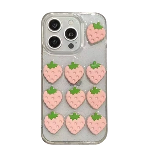 Transparent iPhone case with 3D pink strawberry charms and subtle glitter finish
