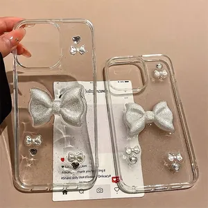 Sparkling silver bow and heart glitter transparent phone cases for iPhone 17 Pro Max