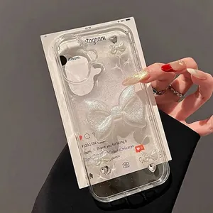 Transparent glitter phone case with 3D white bow and heart charms for iPhone models