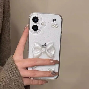Detail of glitter iPhone case with 3D bows, hearts and rhinestones for a sweet look