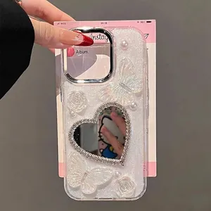 Custodia Per Telefono Glitter TPU 3D Farfalla Rilievo Rosa Specchio Cuore Strass Künstliche Perle Lusso Ragazza Cover Protettiva