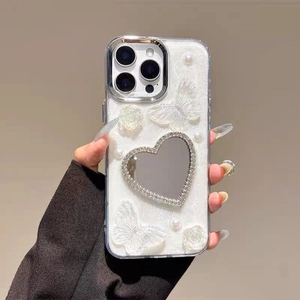 Custodia per iPhone bianca con farfalle 3D, perle e specchio per trucco a forma di cuore