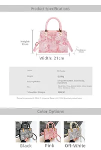 Detailed sizing chart and specifications for the floral woven crossbody handbag