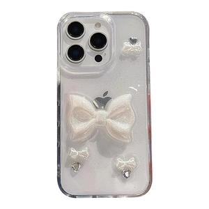 Glitter iPhone case with 3D white bowknot and heart rhinestone charms on clear back