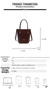 Detailed size chart for dark red bucket bag with height 18.5cm and width 14.5cm