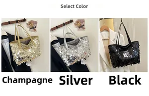 Detailed comparison of sequin bucket bags in champagne, silver and black finishes