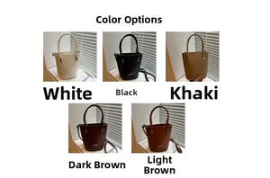 Detail view of stylish bucket bags in five colors with front fashion lettering