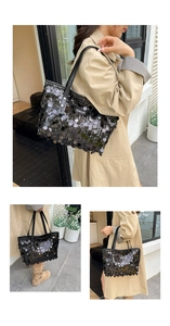 Detailed views of a black sequin bucket tote bag with leather straps and logo tag