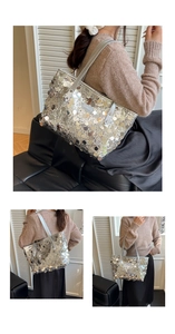 Detail of silver sequin tote bag with large reflective discs and slim leather shoulder straps