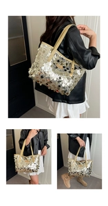 Close-up of golden sequins and yellow PU leather handle on a large tote bag