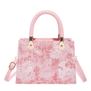 Pink New Chinese style jacquard handbag with woven handles and crossbody strap