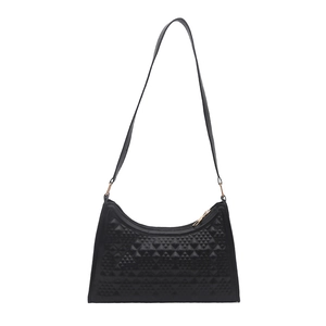 Fashionable black underarm bag with geometric embossed texture and golden hardware