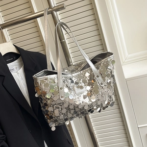 Chic silver sequin tote bag with high-density round sequins and metallic top handle