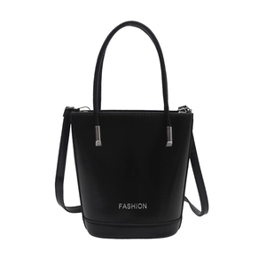 Fashionable black bucket bag with silver lettering and adjustable shoulder strap