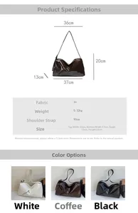 Detailed measurement chart and size guide for glossy PU leather tote bag in three colors