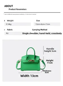 Detailed dimensions of green mini PU leather handbag with gold twist lock hardware