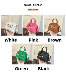 Multi-color display of mini crossbody Kelly bags with pebbled leather and top handle