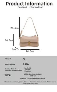 Detailed view of light brown PU leather shoulder bag dimensions and gold buckle features