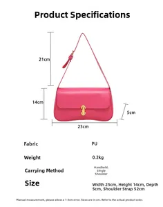 Detailed size specifications for the pink PU leather shoulder bag with dimensions and weight