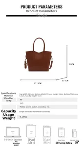Tableau des tailles du sac cabas en cuir PU marron, hauteur 18cm et largeur 17,5cm