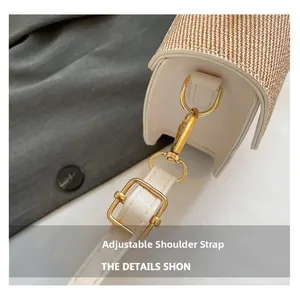 Detail of adjustable strap with gold hardware and beige woven texture on square bag