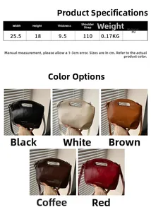 Detailed size chart for the PU shoulder bag showing 25.5x18x9.5cm dimensions and strap length