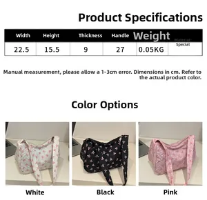Size chart and details of minimalist lightweight shoulder bag with bow print and bubbles