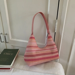 Rainbow striped woven tote bag with pink gradient for beach and summer travel
