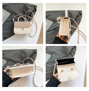 Detail view showing four angles of a creamy white crossbody bag with faux snake skin flap