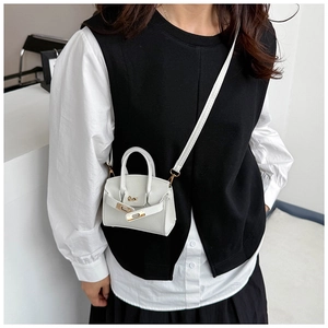 Detail of white litchi pattern PU mini crossbody bag with gold-tone hardware lock