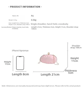 Size chart showing light pink shell bag dimensions 21x11cm with smartphone comparison