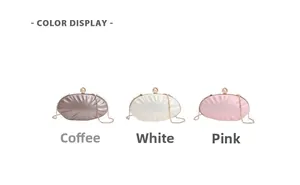 Shell shaped evening bags in coffee, white, and pink with pleated texture and pearl clasps