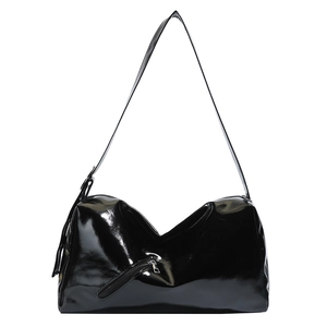 Large black patent leather hobo tote bag with glossy finish and shoulder strap