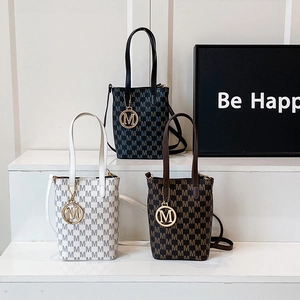 Women Retro Monogram Mini Crossbody Bag PU Leather Letter M Print Handbag With Gold Metal Pendant