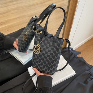 Chic dark grey jacquard tote phone bag with M-pattern and gold pendant charm