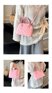 Detailed views of a pink quilted shell handbag with gold hardware and shoulder strap