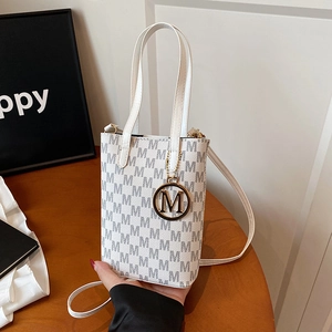 Miniature vintage white shoulder bag with grey monogram print and metal ring pendant