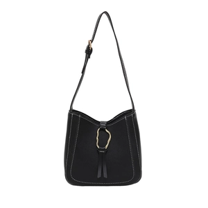 Sac à bandoulière minimaliste en cuir PU noir avec surpiqûres blanches et anneau doré