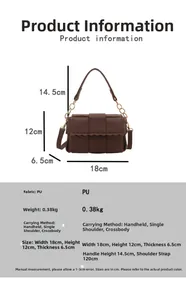 Brown woven PU leather mini bag showing dimensions and metallic chain handle detail