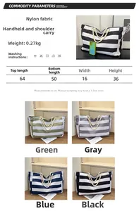 Detailed size chart and multi-color options for the striped canvas tote bag with dimensions