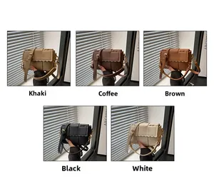 Detail view of woven leather shoulder bags with wavy borders in five trendy colors